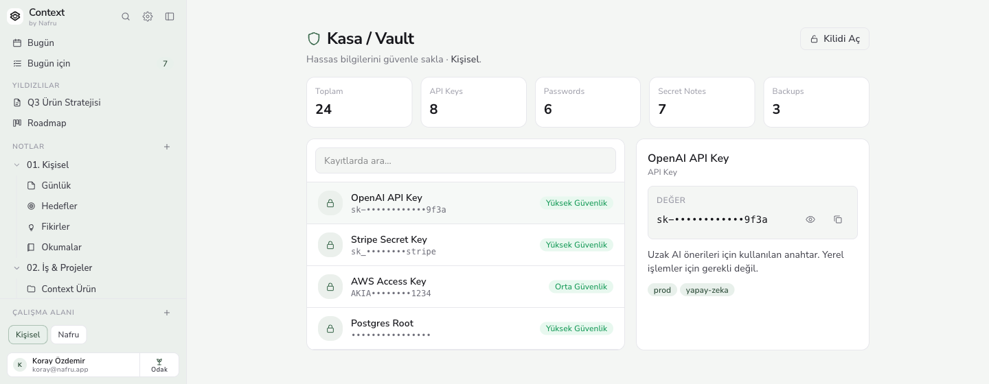 Kasa ekranı: maskeli API anahtarları listesi ve sağda seçili kaydın maskeli değeri.